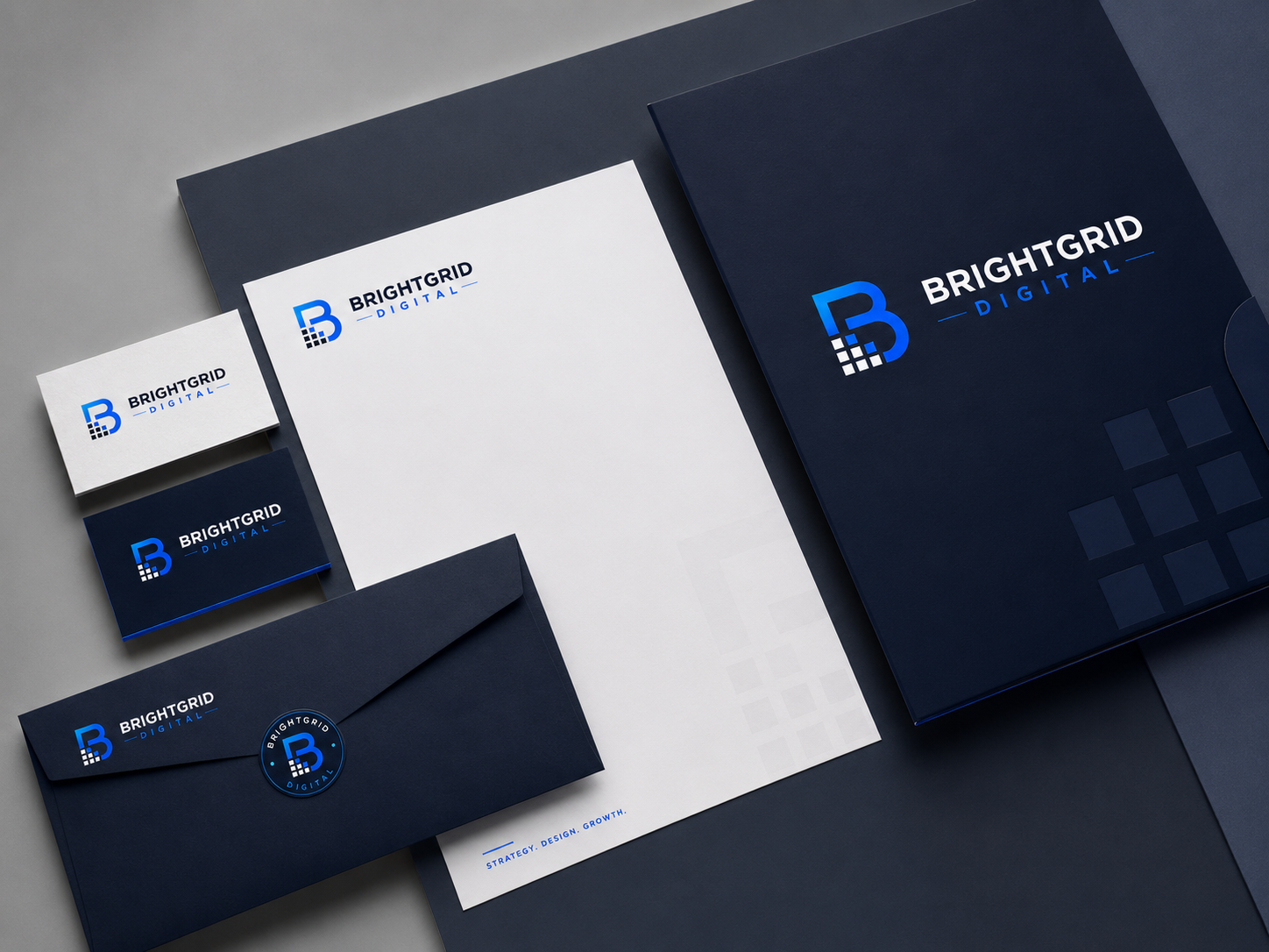 Brightgrid Digital branded materials with a clean navy and cobalt visual system